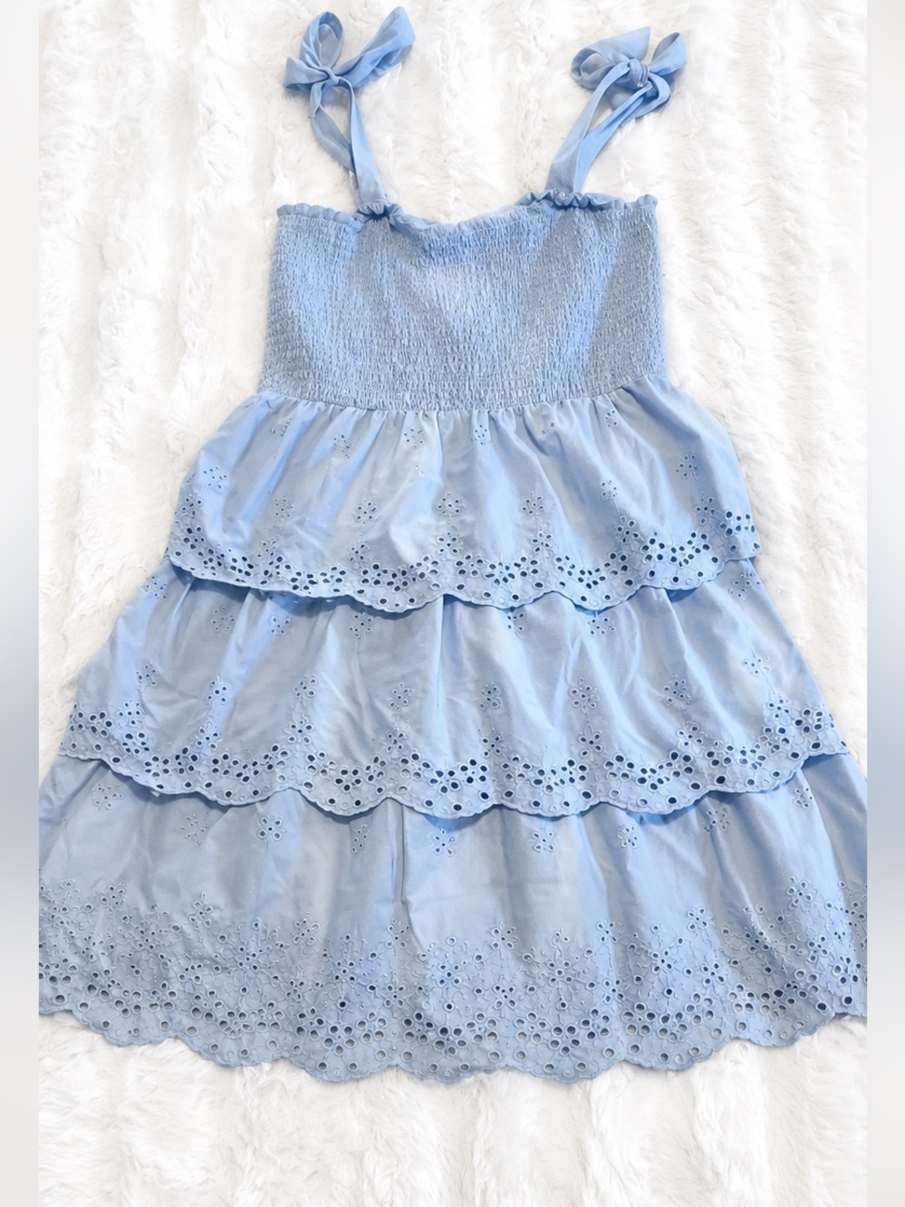 American Eagle Light Blue Eyelet Smocked Tie Strap Mini Dress | Size M